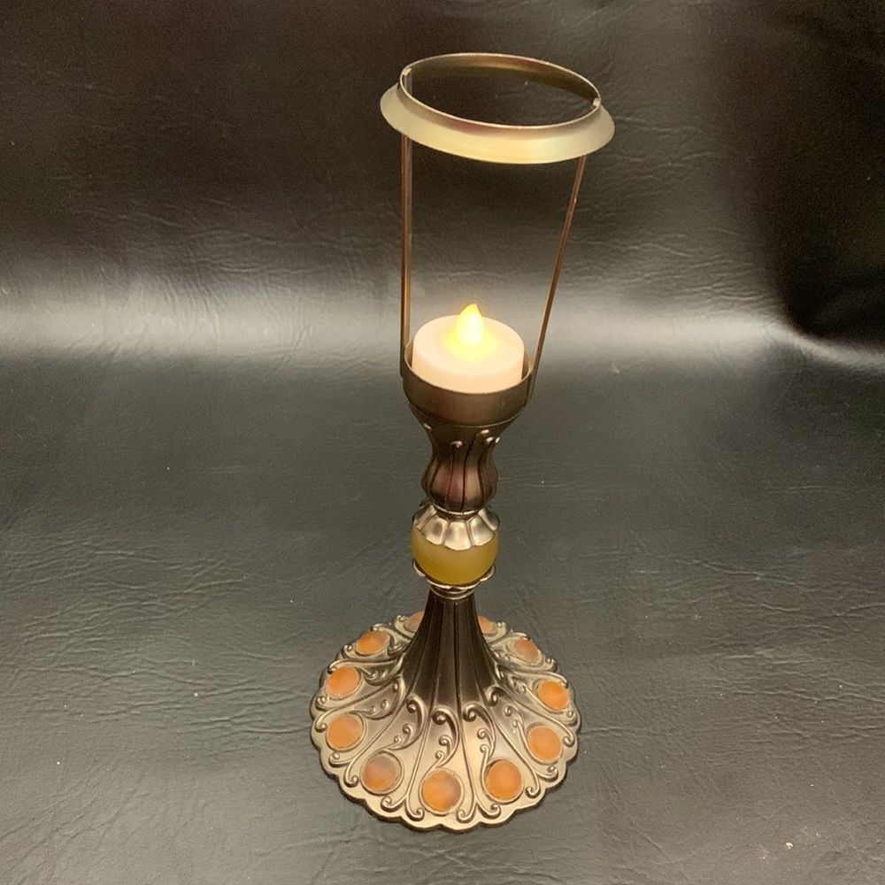 Party Light Votive Holder With Shade Gold Brass Amber Stones 12 1/2 Inches Tall - Picture 7 of 10